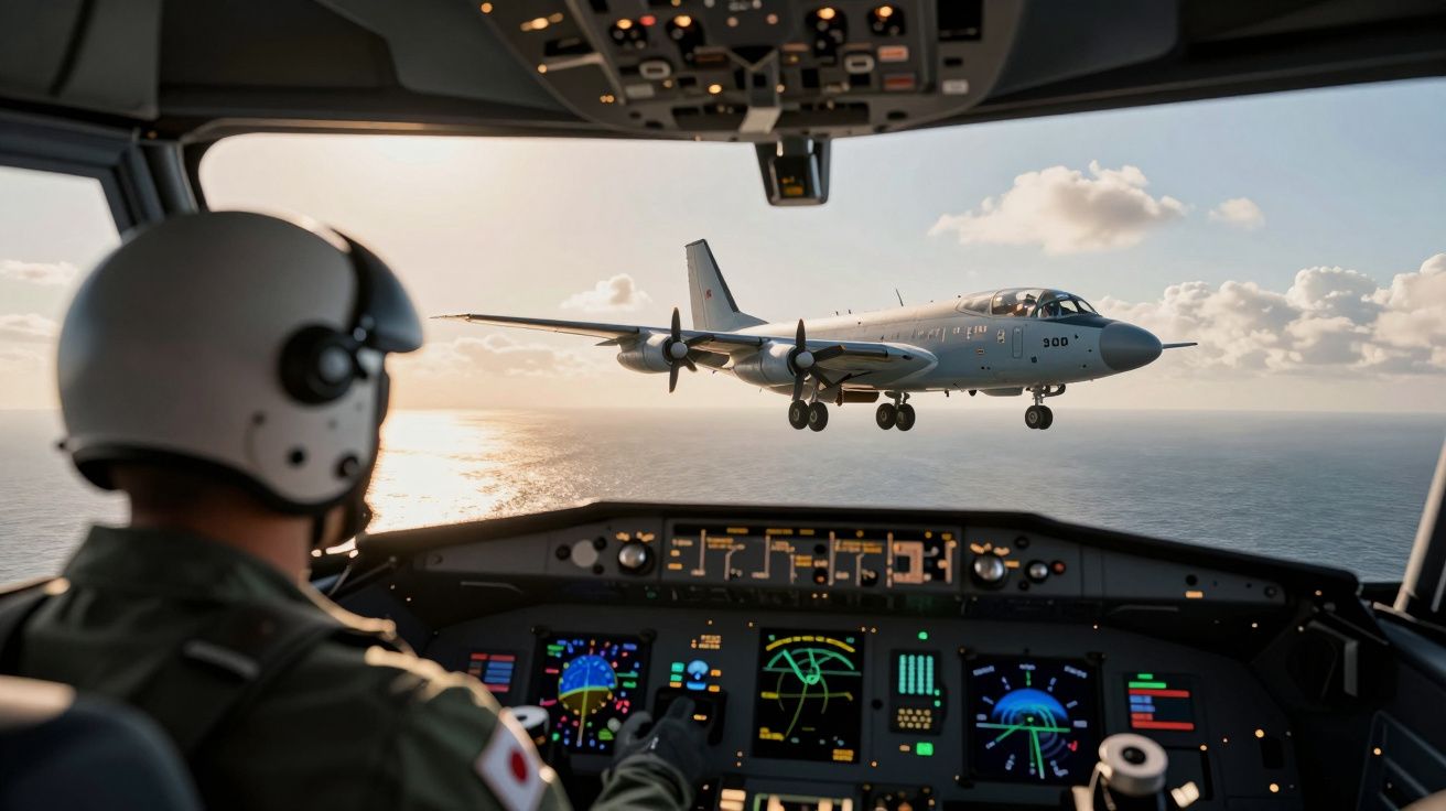 Vista do interior de uma cabine de piloto com um avião militar a aproximar-se para aterragem sobre o mar.