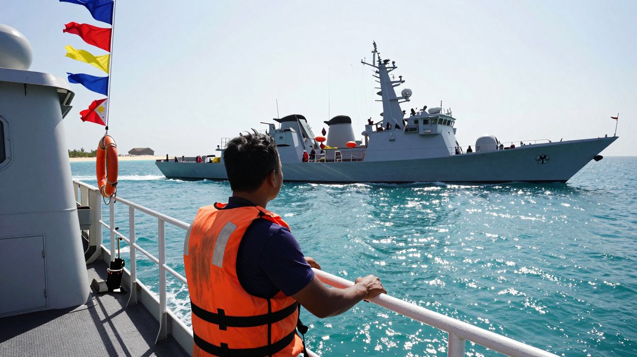 Homem de colete salva-vidas observa navio militar a passar no mar sob céu limpo.