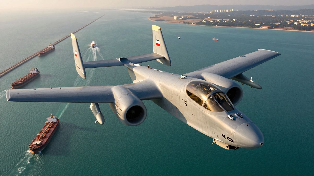 Avião militar cinzento voando sobre o mar perto de vários navios de carga e costa ao fundo.