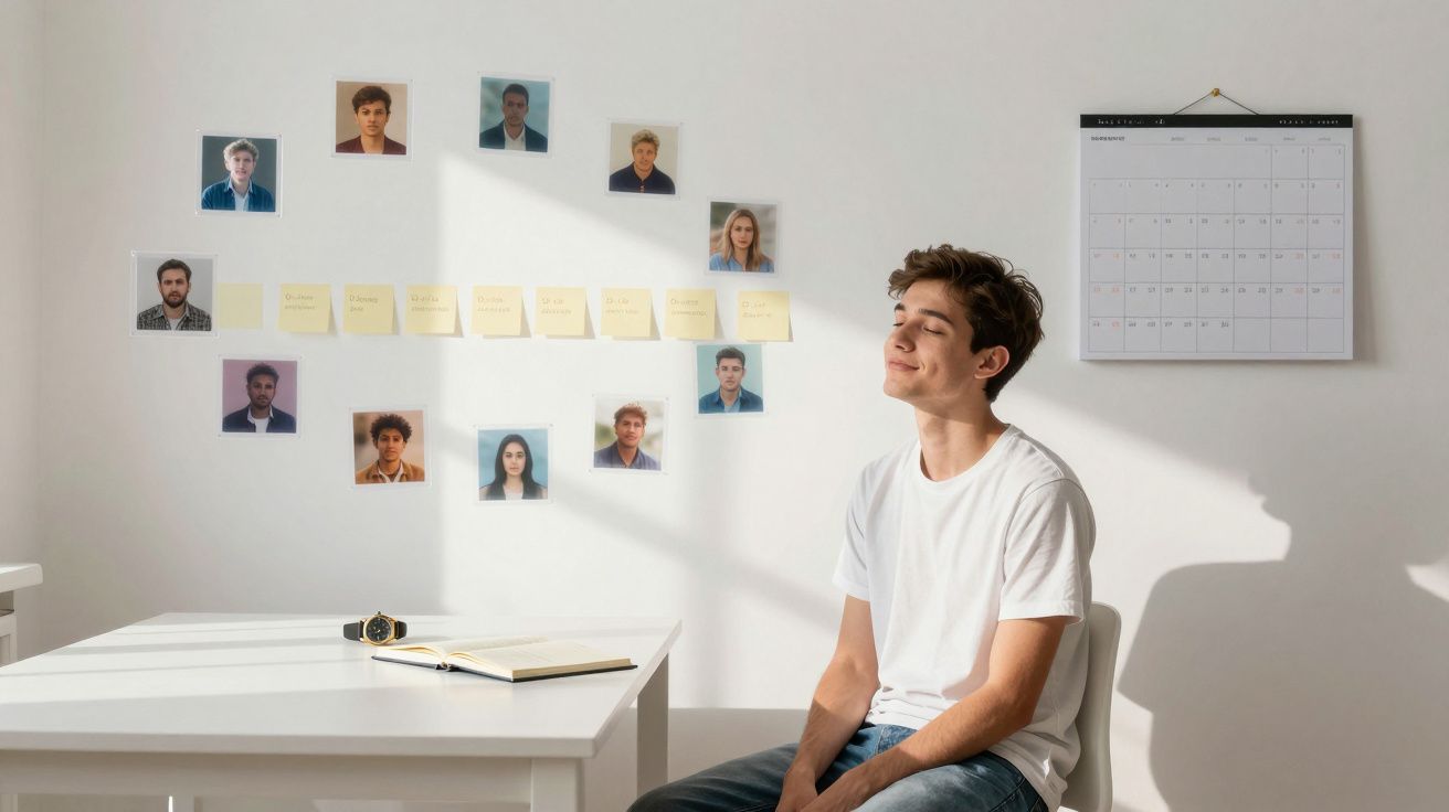 Jovem sentado com expressão pensativa numa sala com fotos, notas e calendário na parede.