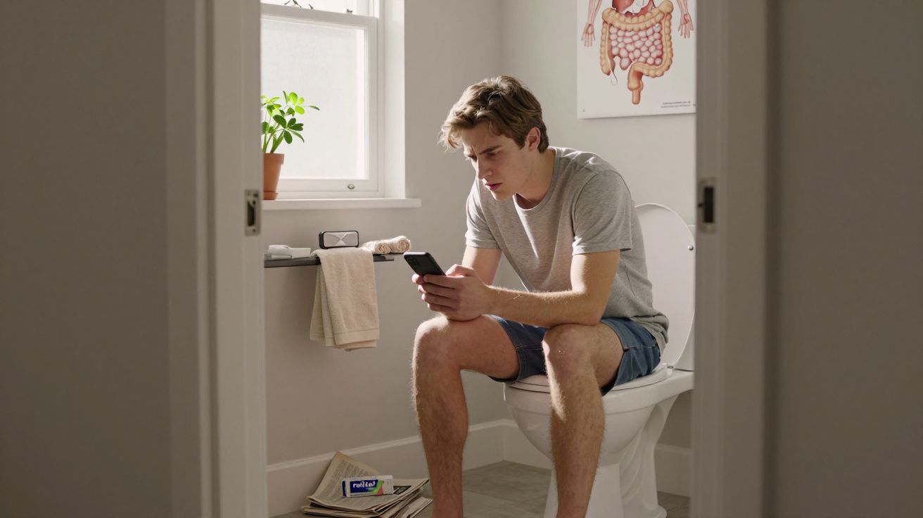 Homem sentado na sanita a usar telemóvel numa casa de banho com planta e cartaz anatómico na parede.