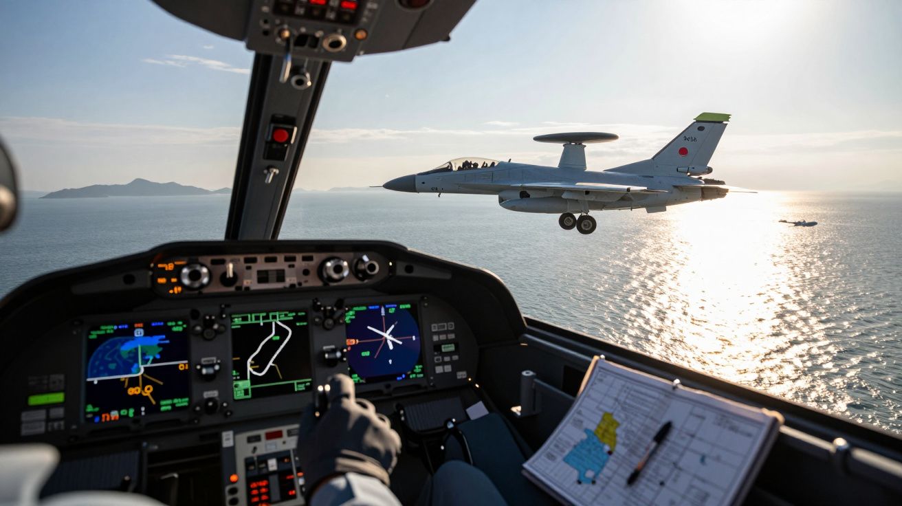 Vista do interior de um cockpit de helicóptero com um avião militar AWACS a sobrevoar o mar ao pôr do sol.
