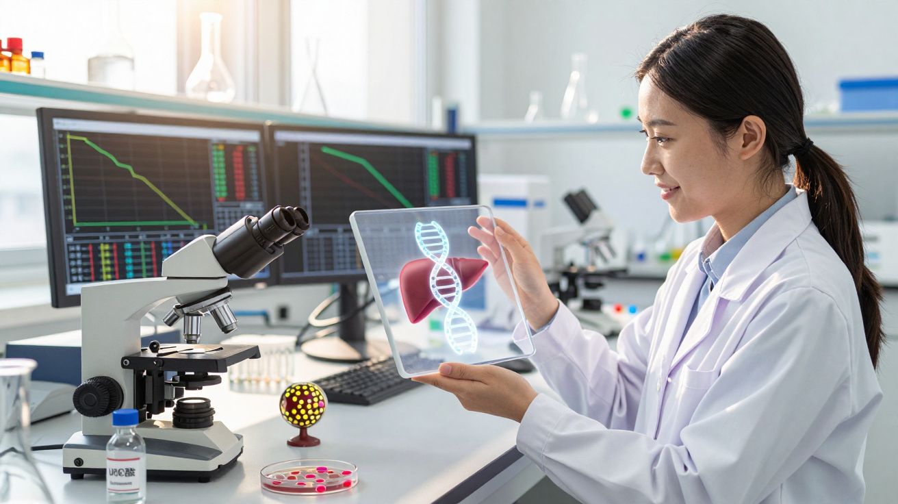 Cientista em laboratório a analisar holograma de fígado e cadeia de ADN com microscópio e ecrãs no fundo.