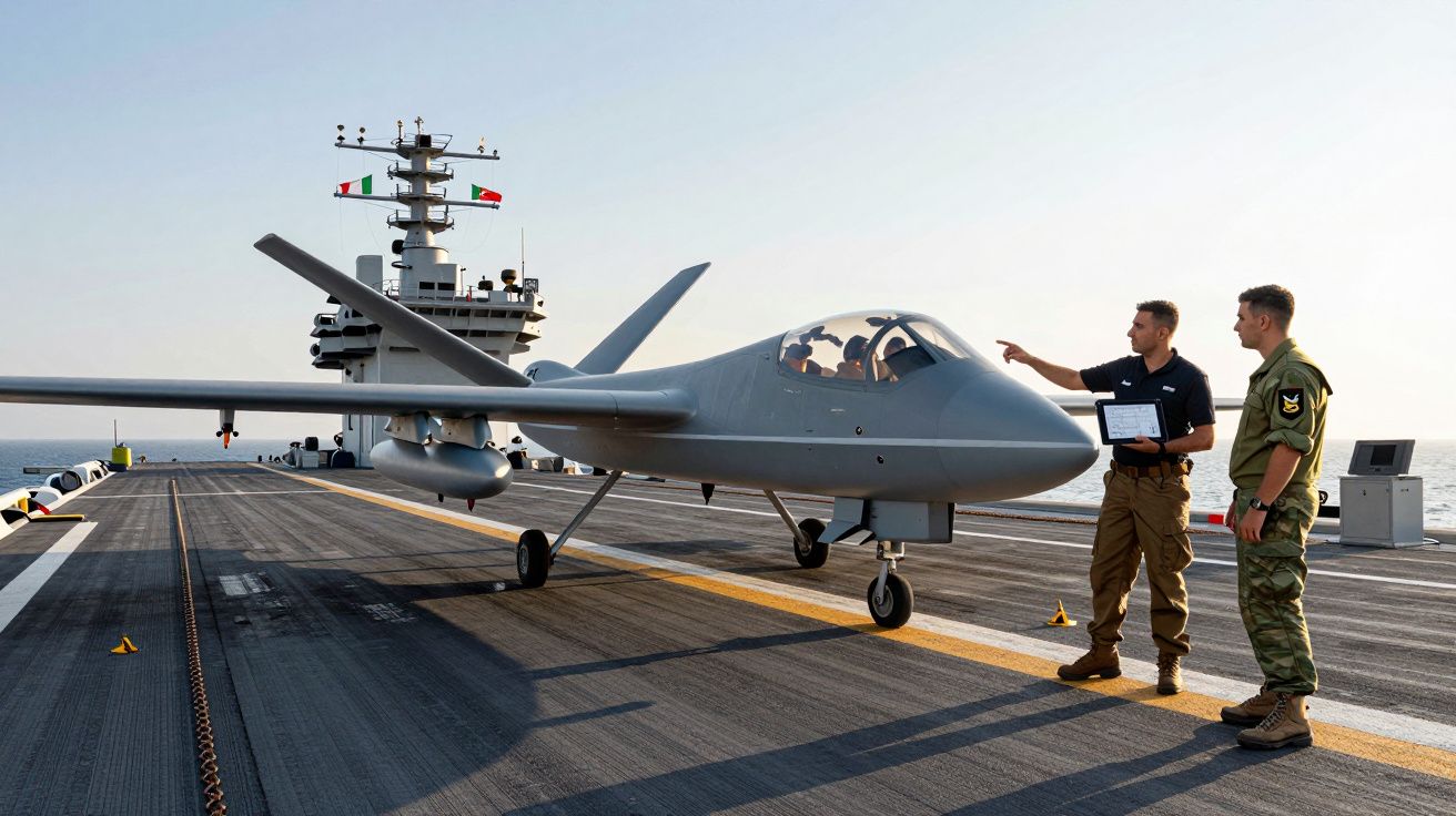 Dois militares observam um drone cinzento estacionado na pista de um porta-aviões no mar.