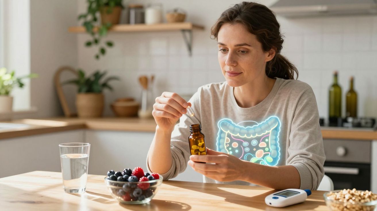 Mulher sentada à mesa a tomar suplemento em gotas, com ilustração do intestino visível no peito.