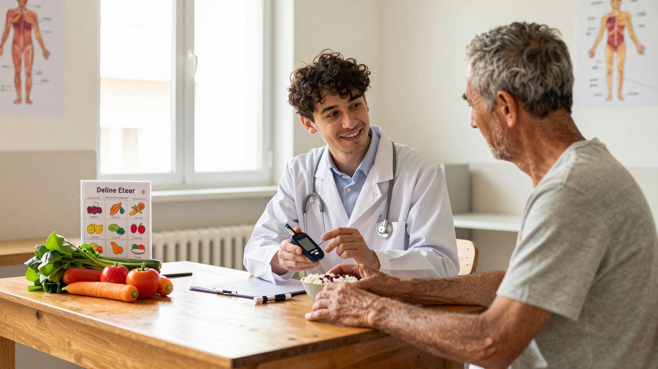 Médico conversa com paciente idoso sobre dieta e saúde, com legumes frescos numa mesa de madeira.