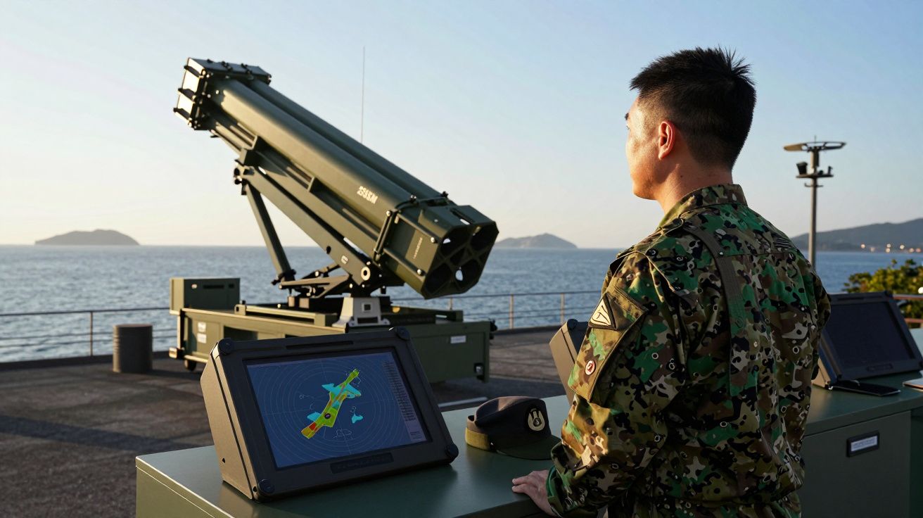 Soldado militar asiático em uniforma camuflado observa equipamento de defesa junto ao mar ao pôr do sol.