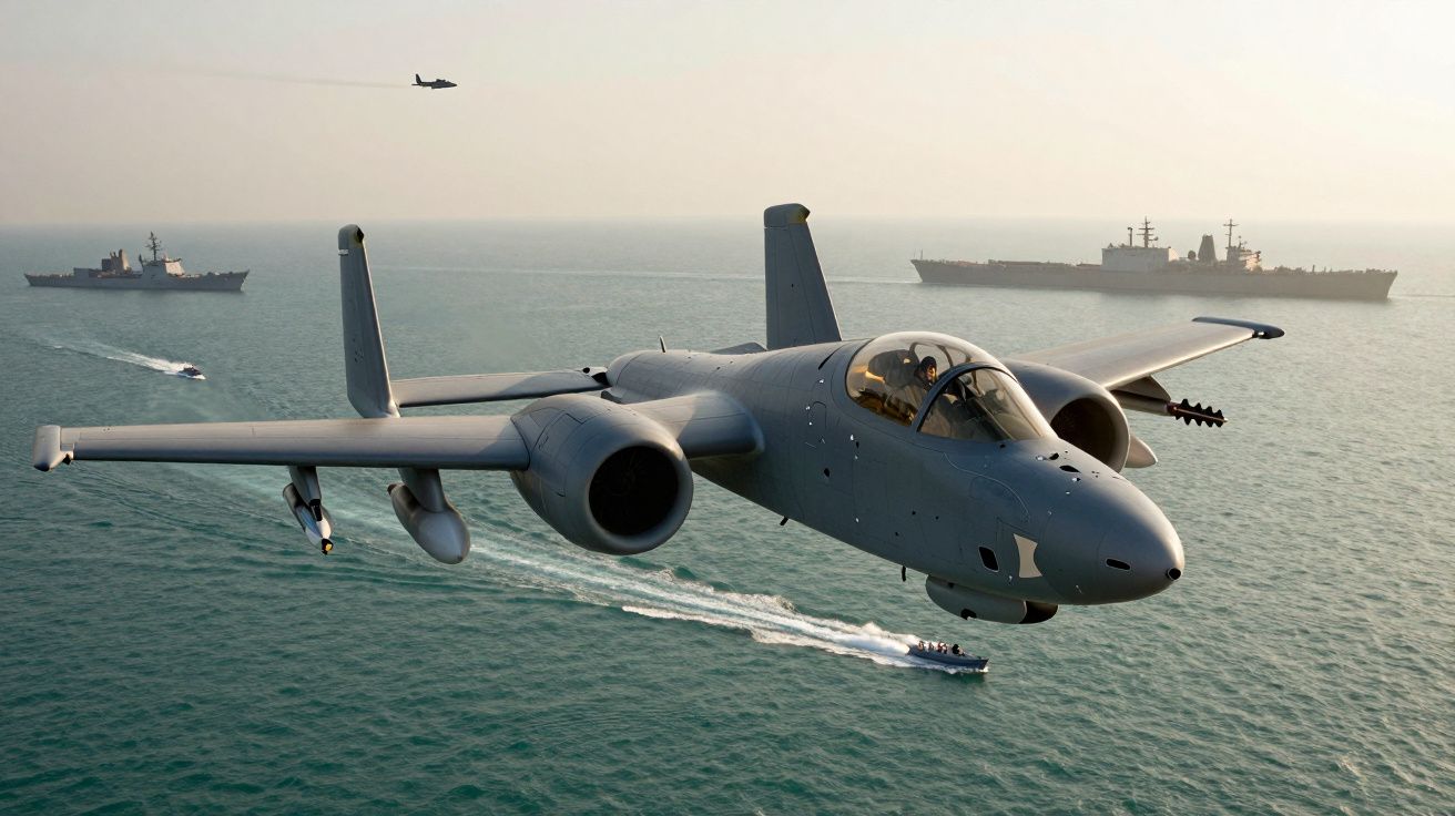 Avião militar a sobrevoar o mar com navios de guerra e embarcações rápidas na água ao fundo.