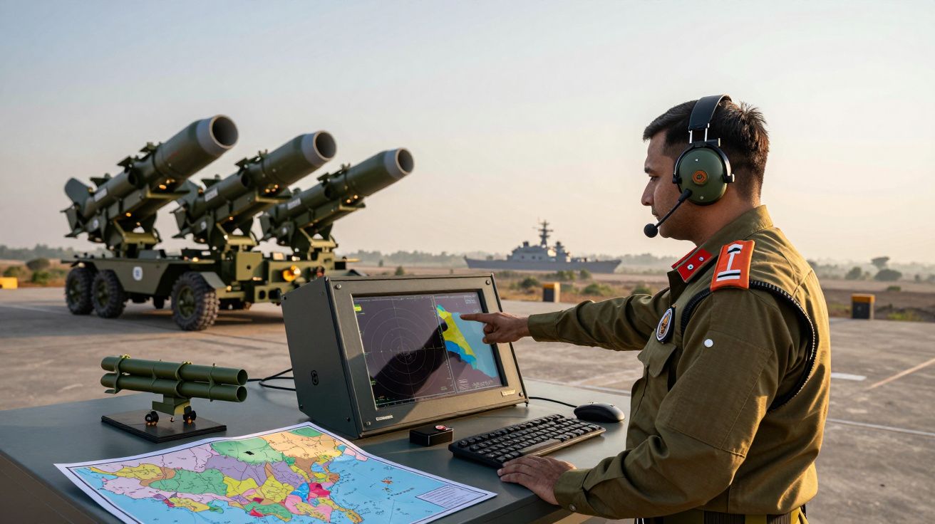 Soldado militar junto a equipamento de radar e mísseis em base ao ar livre durante o dia.