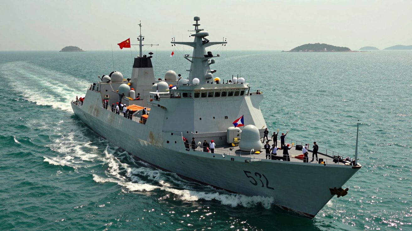Navio militar cinzento a navegar no mar com várias pessoas a bordo e bandeira chinesa içada.
