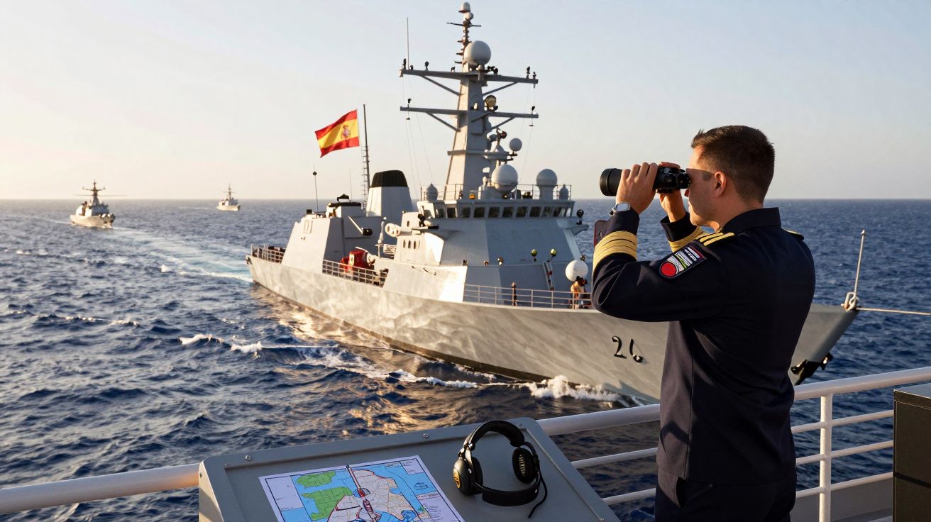 Marinheiro observa com binóculos fragata espanhola no mar durante patrulha naval ao pôr do sol.