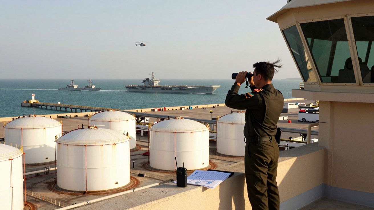Militar observa porta-aviões e navios de guerra no mar com binóculos, em plataforma industrial costeira.