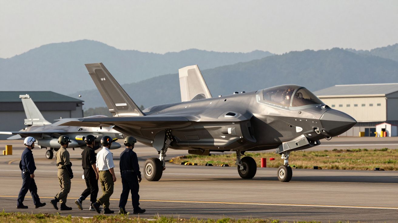 Caça F-35 estacionado em pista de aeroporto com cinco militares a caminhar ao lado em dia claro.