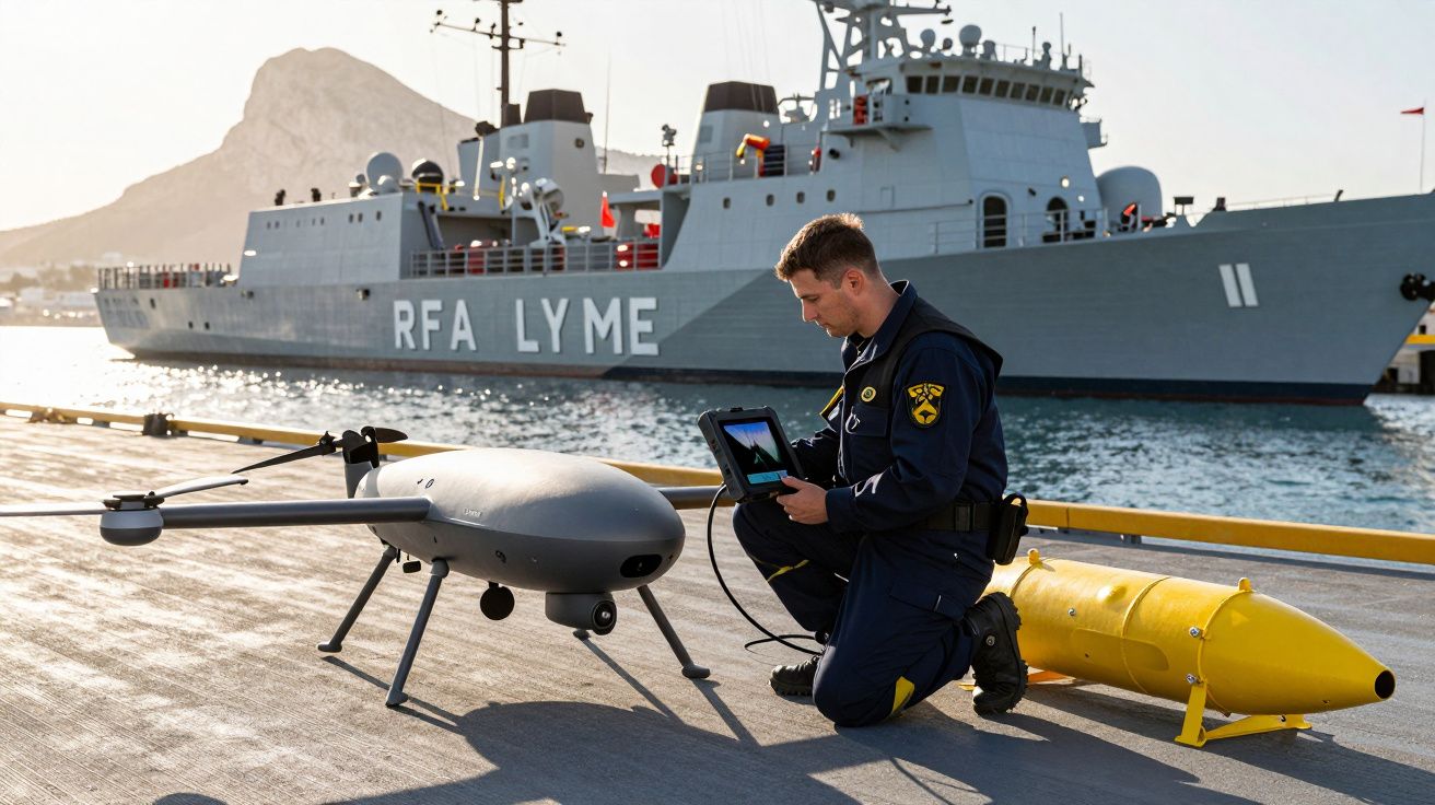 Homem em uniforme controla drone próximo a torpedo amarelo na doca, com navio militar cinzento ao fundo.