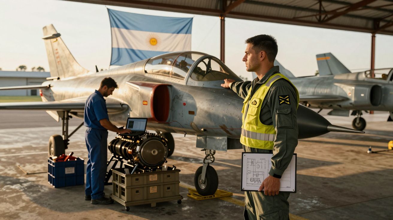 Militar com colete refletor e colega técnico trabalham junto a jato militar em hangar com bandeira da Argentina.