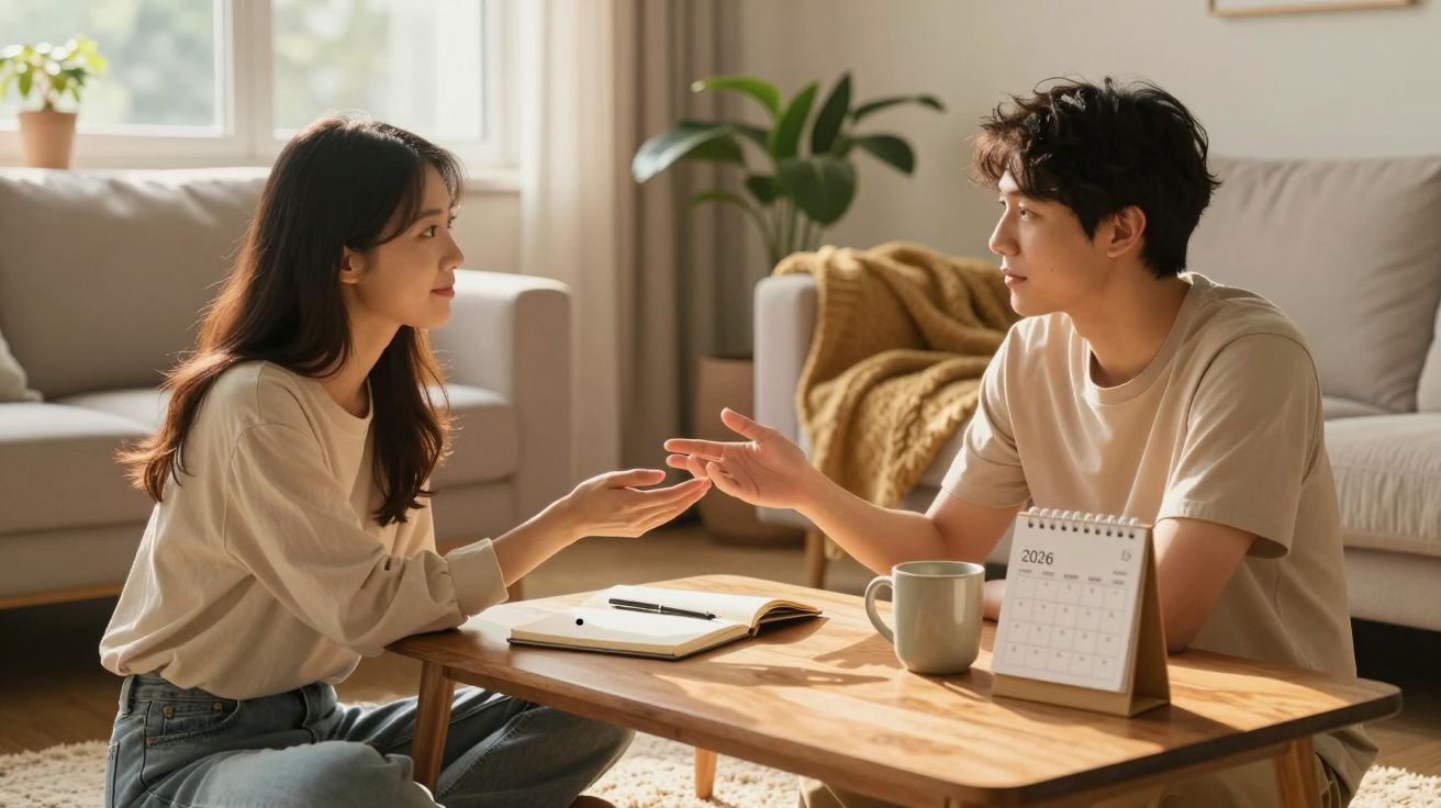 Casal sentado no chão da sala conversa com blocos de notas, calendário e caneca numa mesa baixa.
