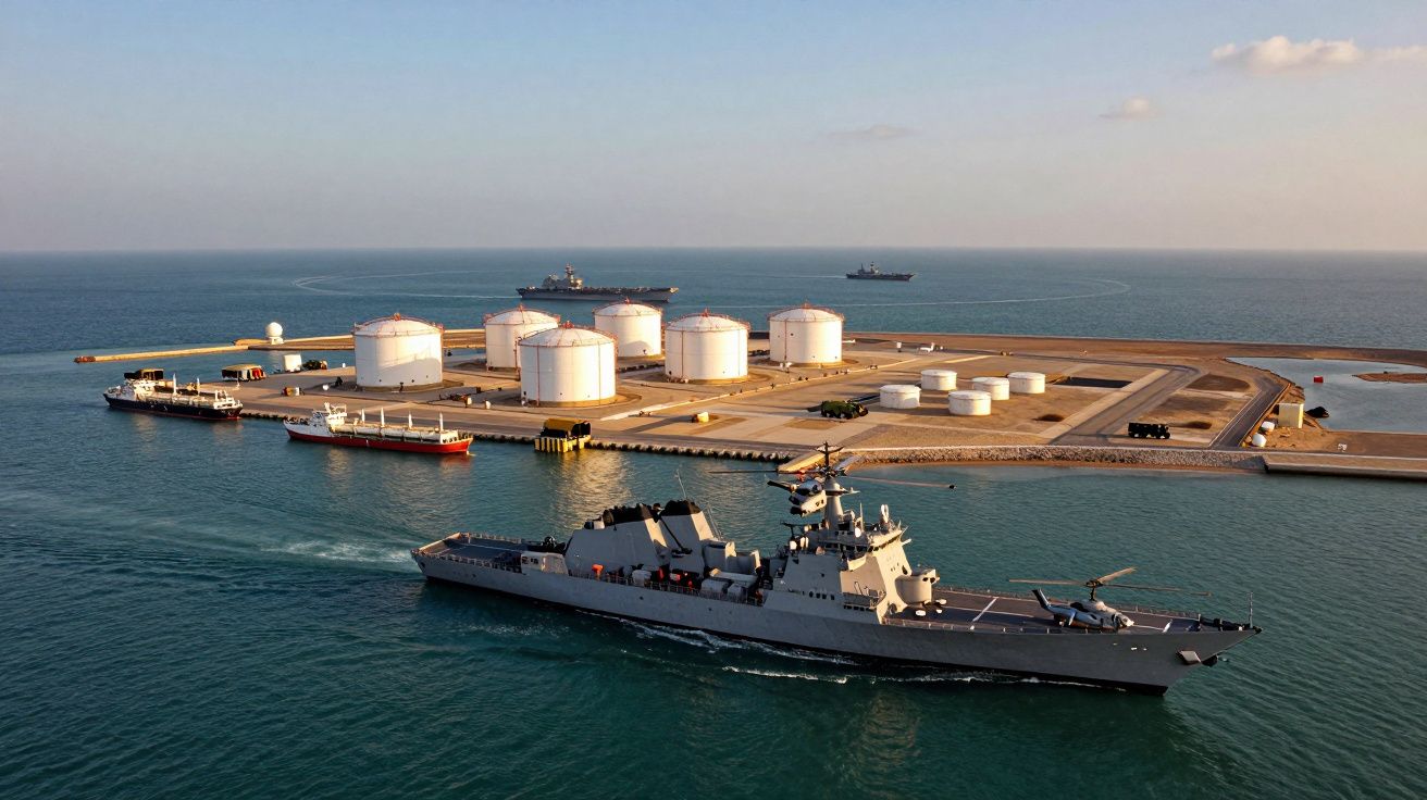 Porto offshore com tanques de armazenamento e dois navios militares no mar calmo ao entardecer.