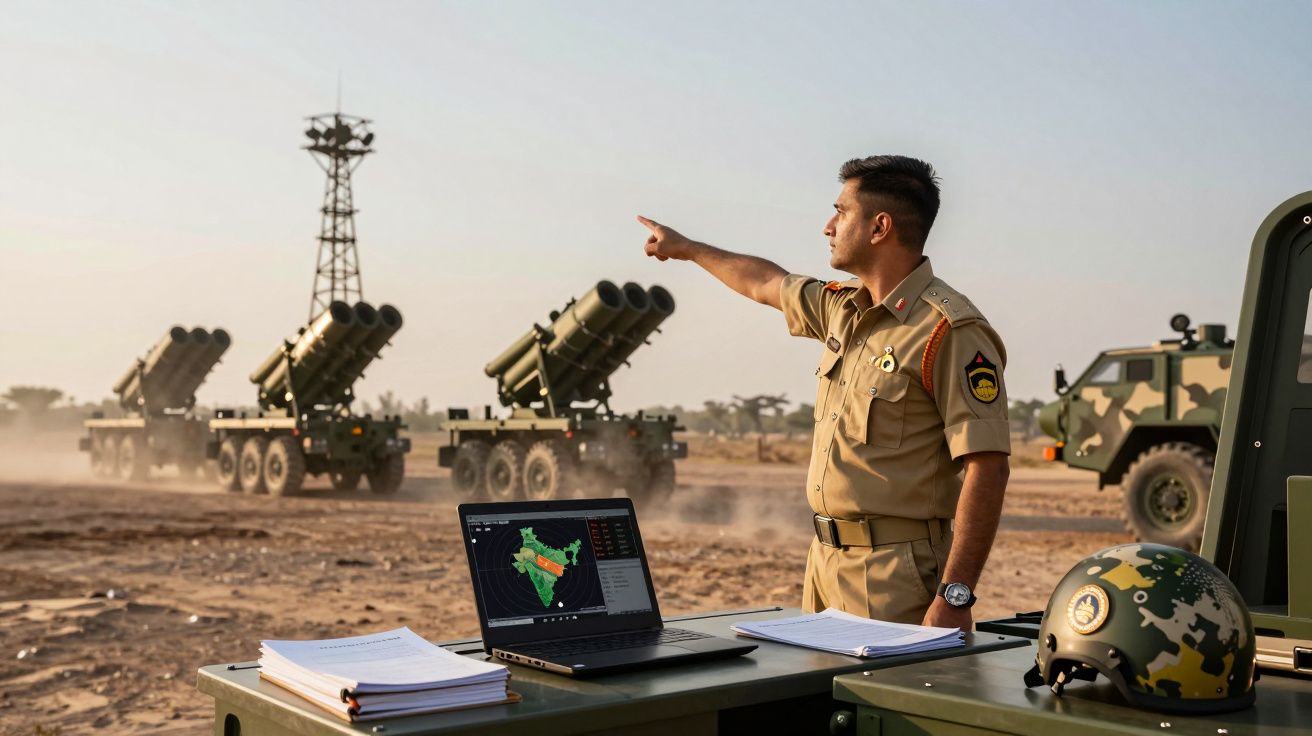 Soldado aponta para lançadores de mísseis múltiplos com laptop e documentos sobre mesa em área militar ao ar livre.
