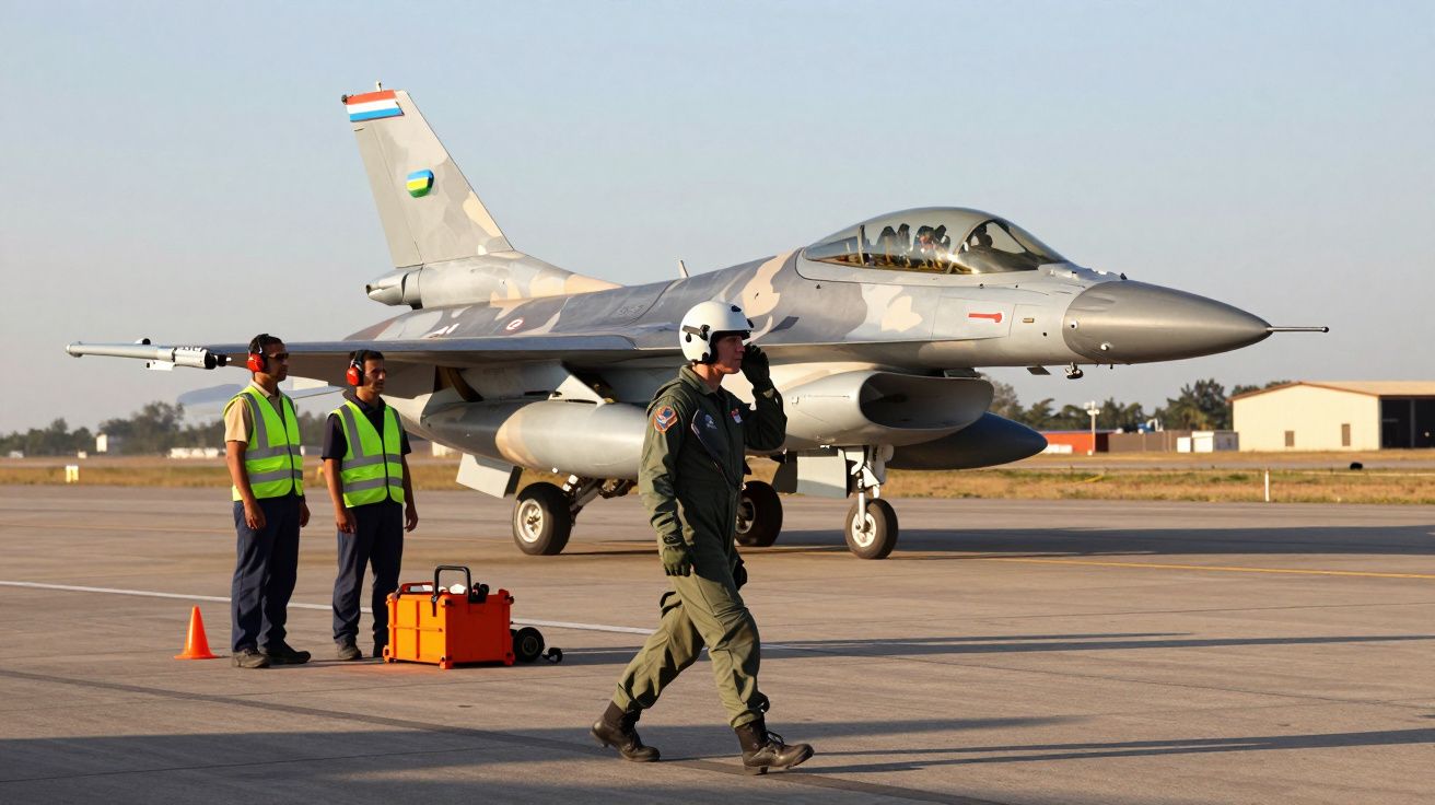Caça F-16 estacionado numa pista com três técnicos e um piloto em uniforme militar.
