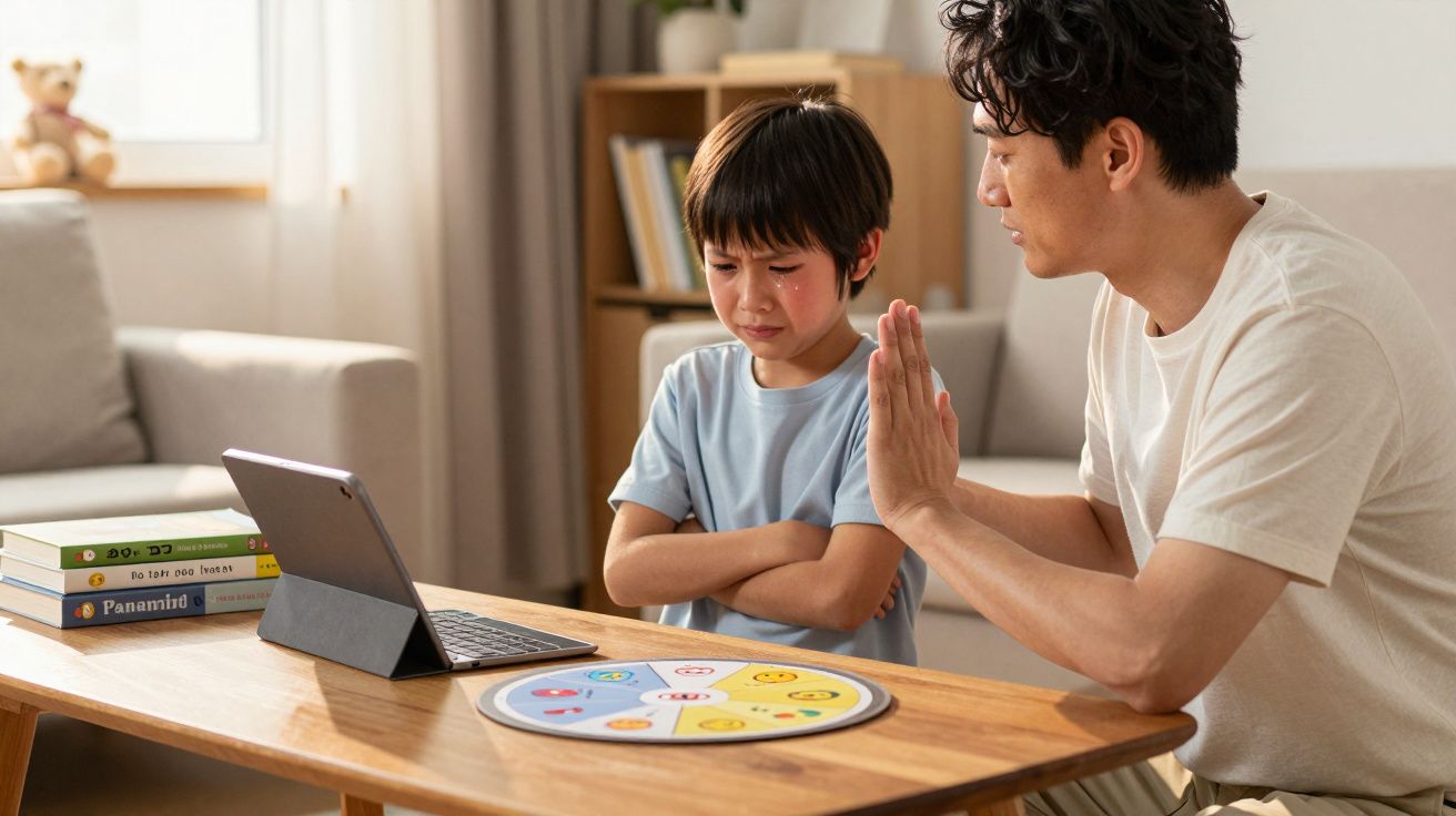 Homem a falar com menino triste sentado numa mesa com tablet, livros e roda das emoções numa sala iluminada.