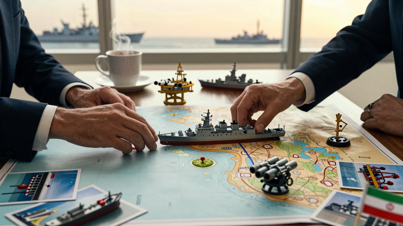 Duas pessoas em fatos manipulam modelos de navios militares sobre um mapa náutico numa sala com vista para o mar.