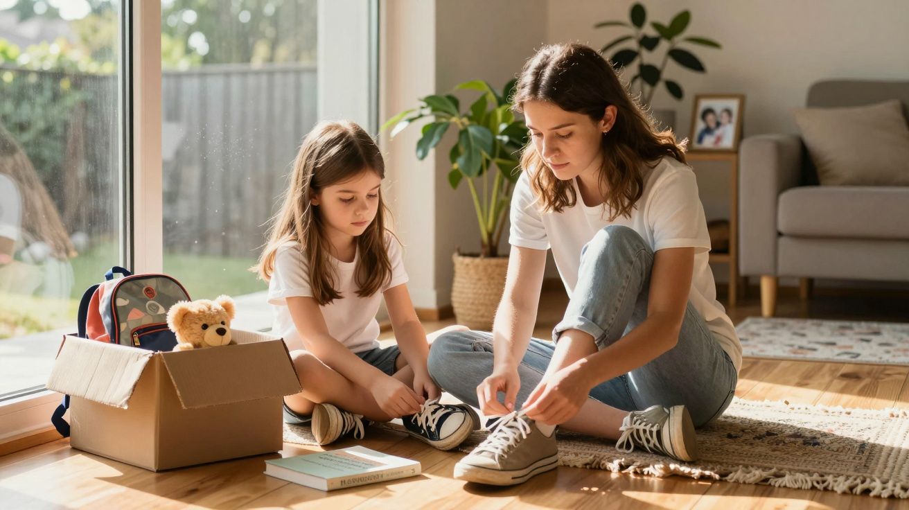 Mulher e menina sentadas no chão a calçarem ténis dentro de casa iluminada.