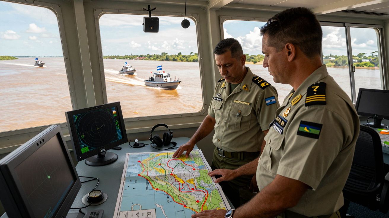 Dois militares analisam um mapa na ponte de comando de um navio com outros barcos a navegar no rio.