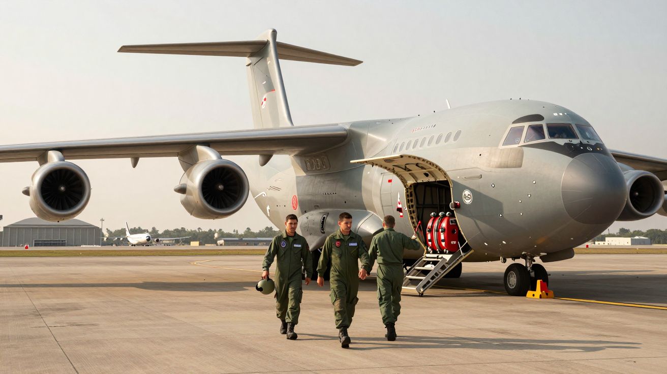 Avião militar cinzento com quatro motores estacionado, com três militares a caminhar em frente no aeroporto.