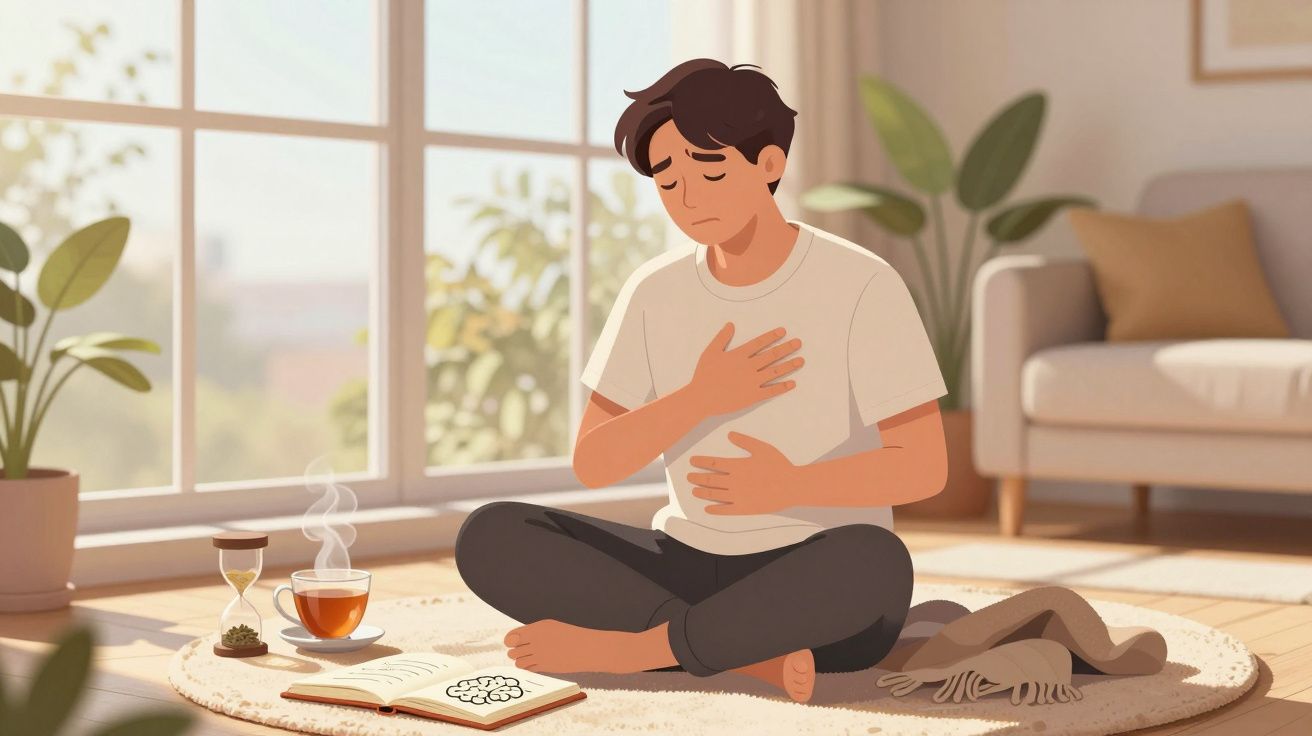 Homem sentado no chão em sala iluminada, com expressão de desconforto e mãos no peito e barriga.