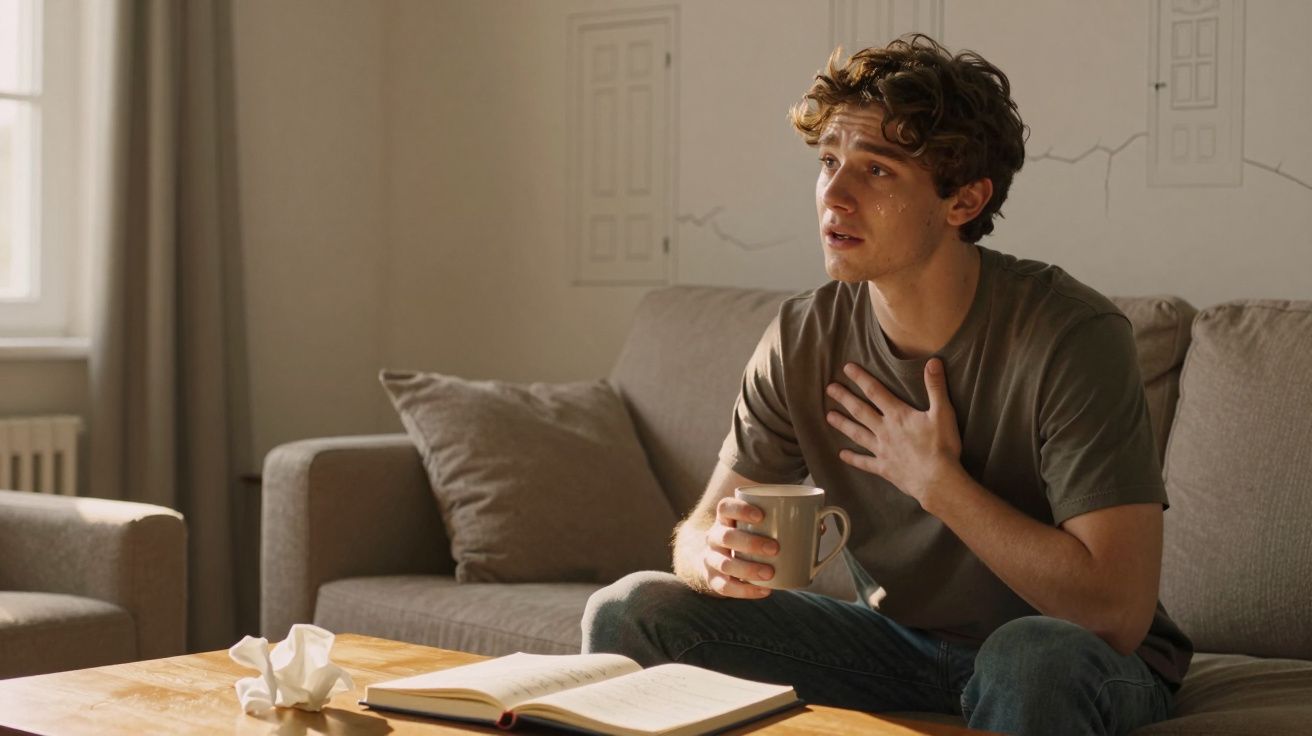 Jovem sentado no sofá, com lágrima no rosto, segurando uma caneca e a mão no peito, junto a um livro aberto.