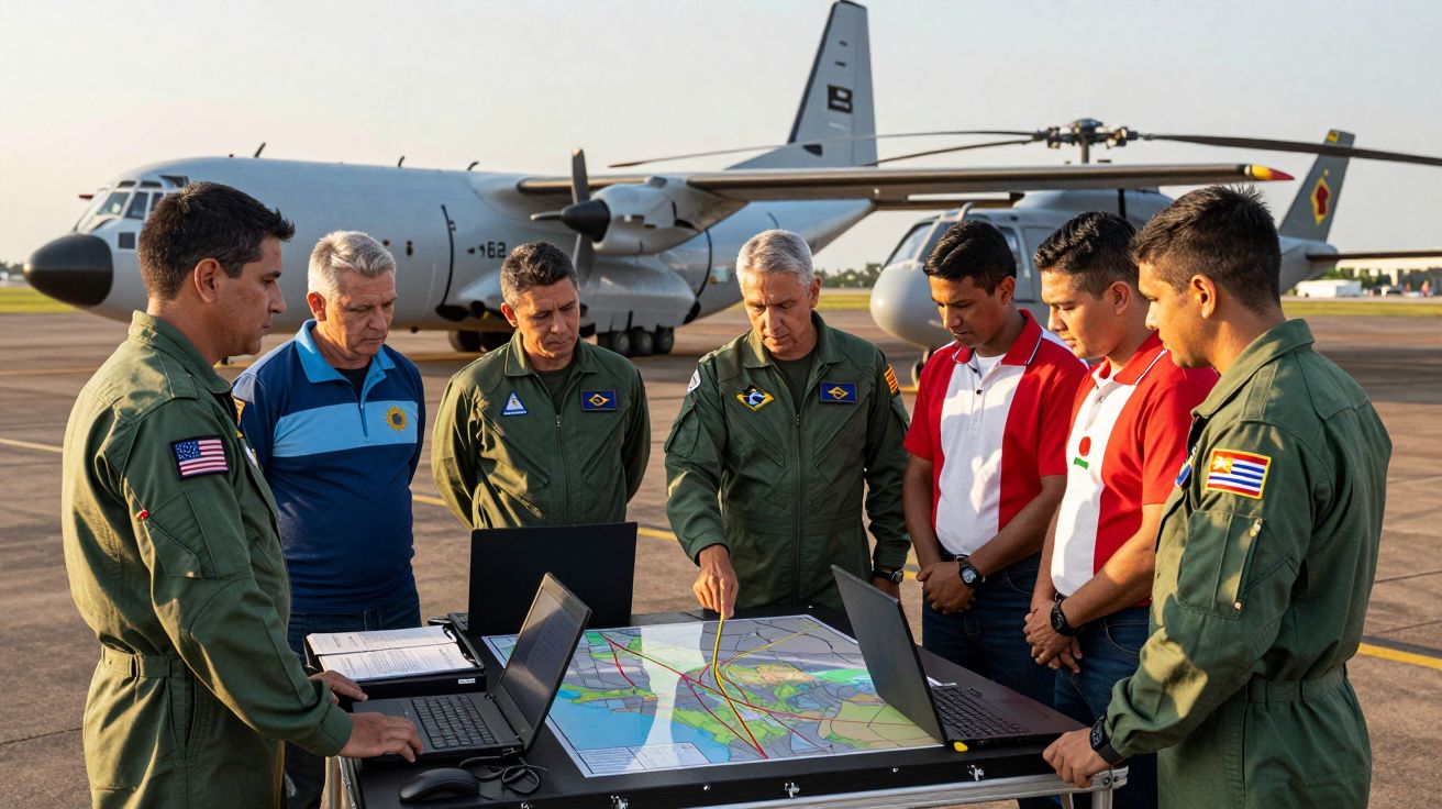 Grupo de militares reunidos em torno de mesa com mapas e laptops numa pista, com avião ao fundo.