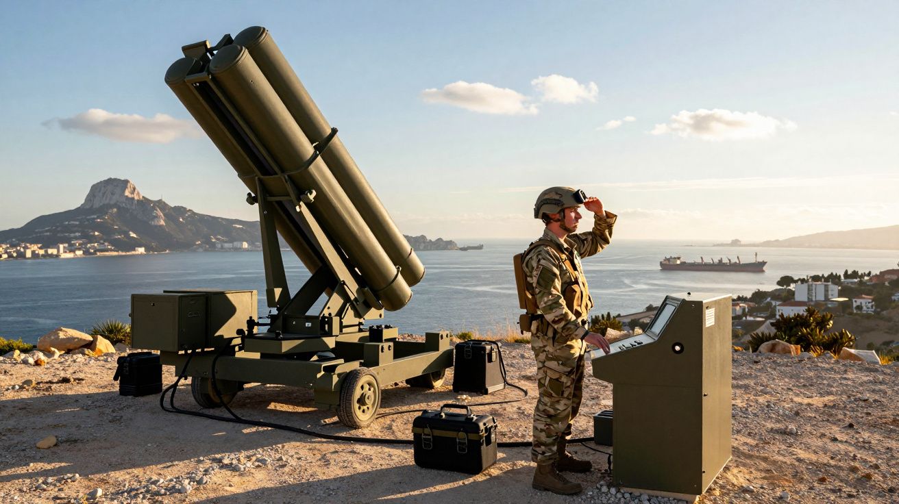 Soldado em uniforme militar junto a equipamento de defesa e vista panorâmica de costa e navios ao fundo.