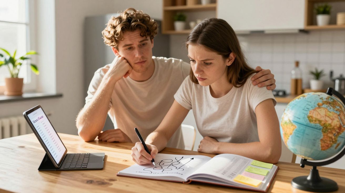 Casal preocupado a estudar estratégia de investimento em mesa com globo e tablet num ambiente caseiro.