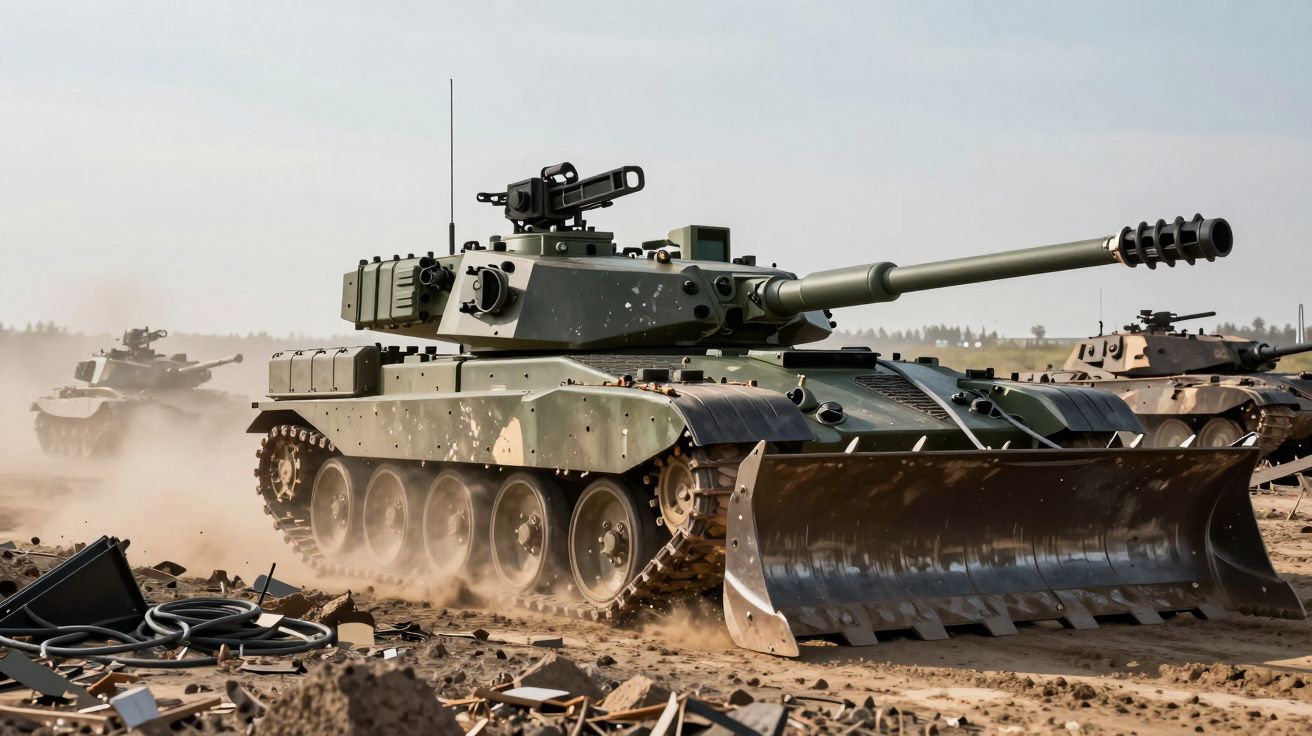 Tanque militar camuflado com lâmina frontal a mover-se em terreno poeirento com destroços espalhados.