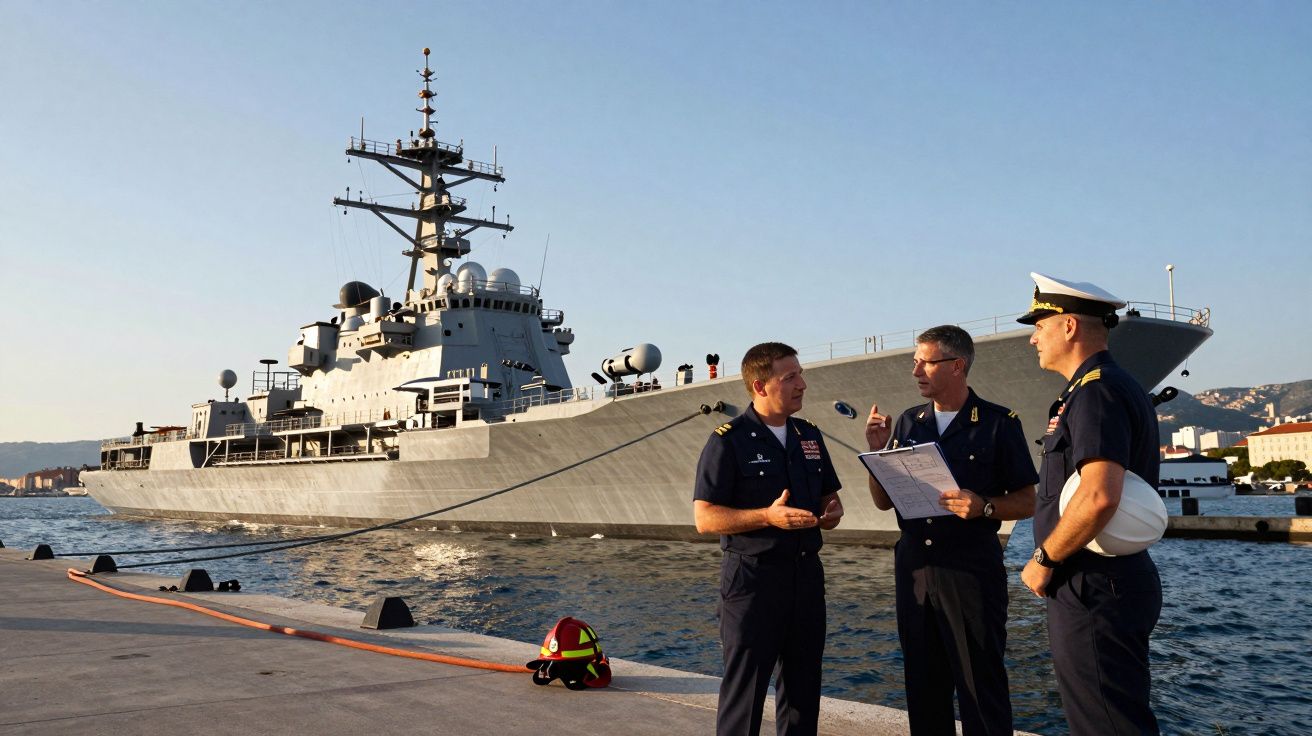 Três homens em uniforme naval conversam junto a um cais com um grande navio militar ancorado ao fundo.