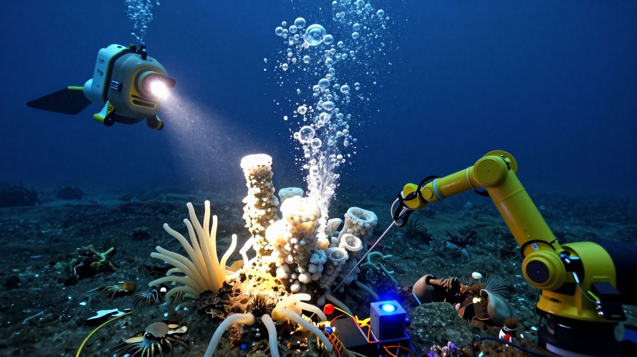 Robô submarino com braço mecânico a investigar recife de coral iluminado com bolhas no fundo do mar.