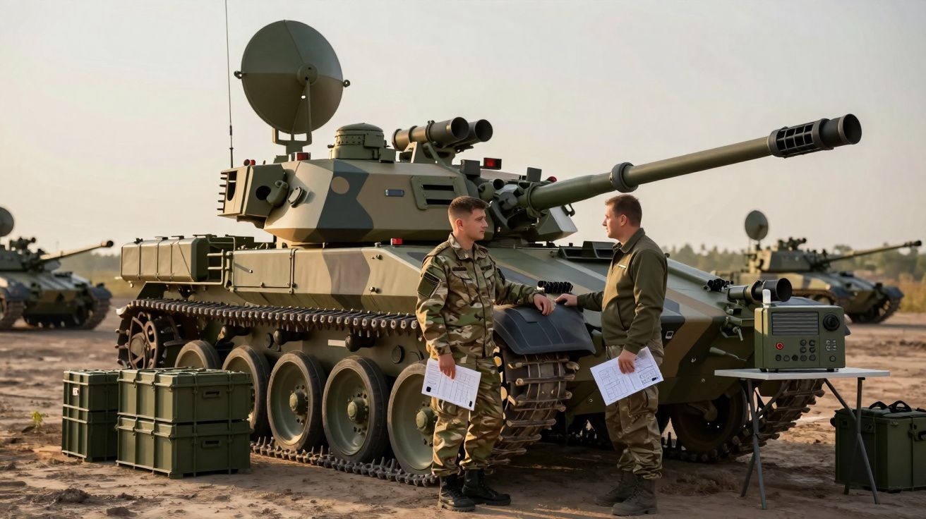 Dois militares em uniformes camuflados conversam ao lado de um veículo blindado com canhão e antena.