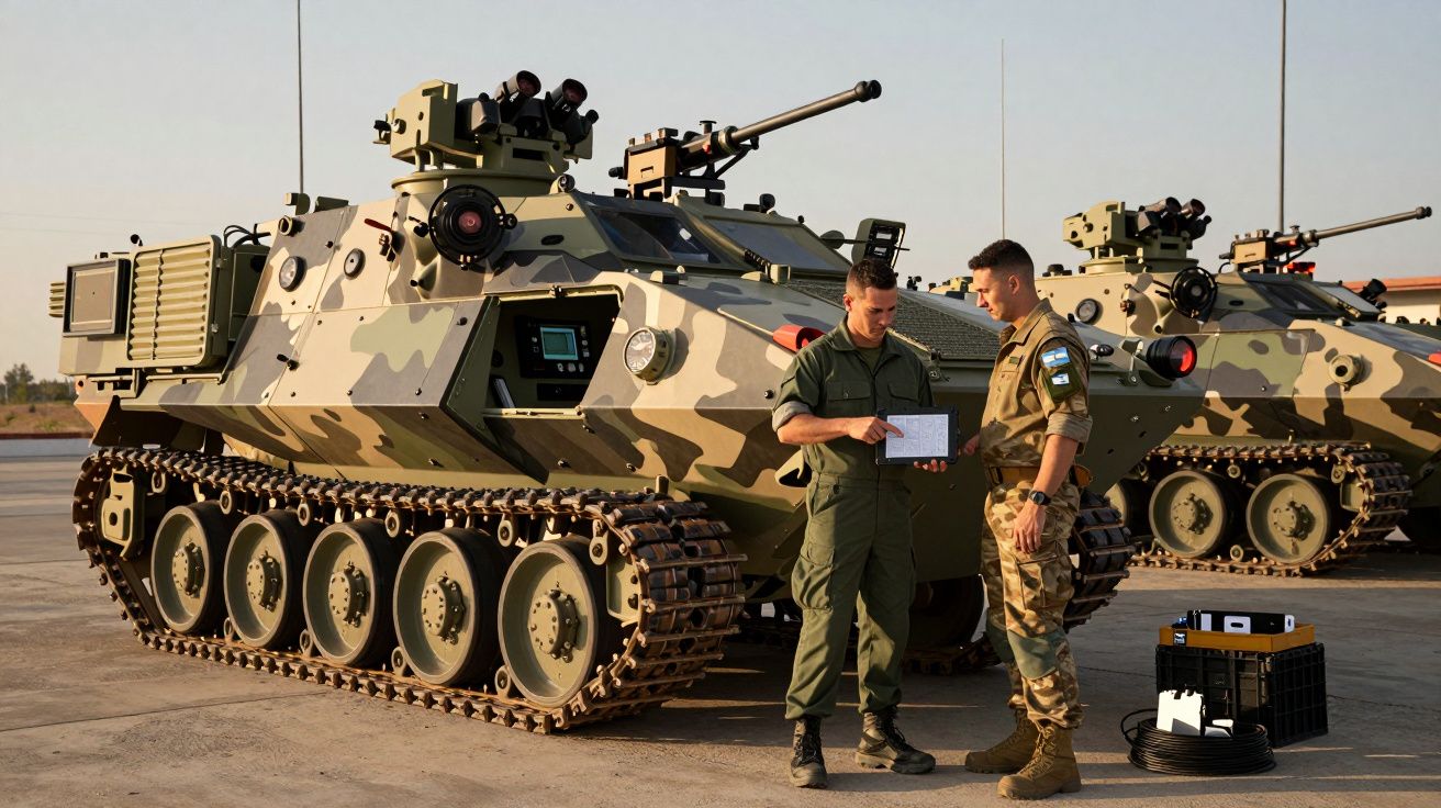 Dois militares junto a um veículo blindado camuflado estacionado ao ar livre ao pôr do sol.