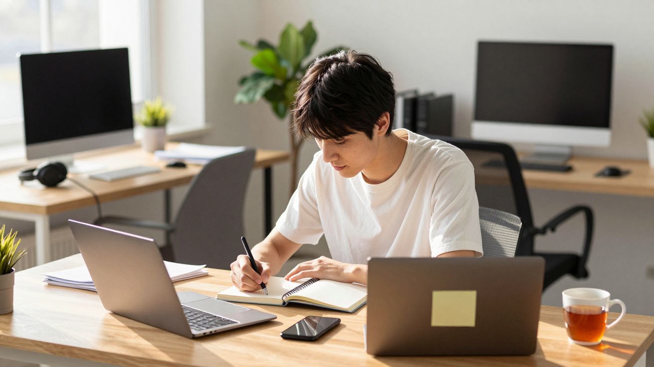 Jovem sentado numa mesa a escrever num caderno com dois computadores portáteis e uma chávena de chá.