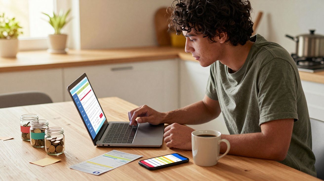 Jovem sentado a gerir finanças online num laptop, com smartphone, documentos, moedas e chávena numa mesa de cozinha.