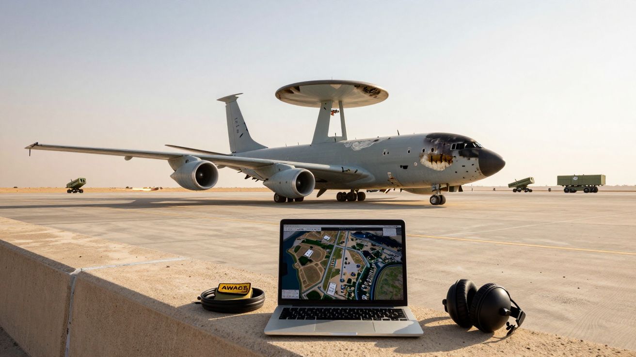 Avião militar de vigilância estacionado numa pista com portátil e auscultadores em primeiro plano.