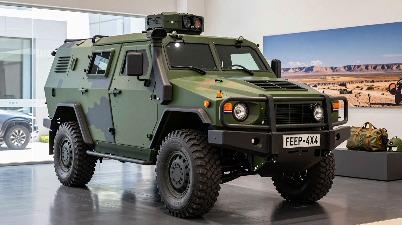 Veículo militar blindado camuflado verde em exposição interior, com janelas pequenas e rodas robustas.