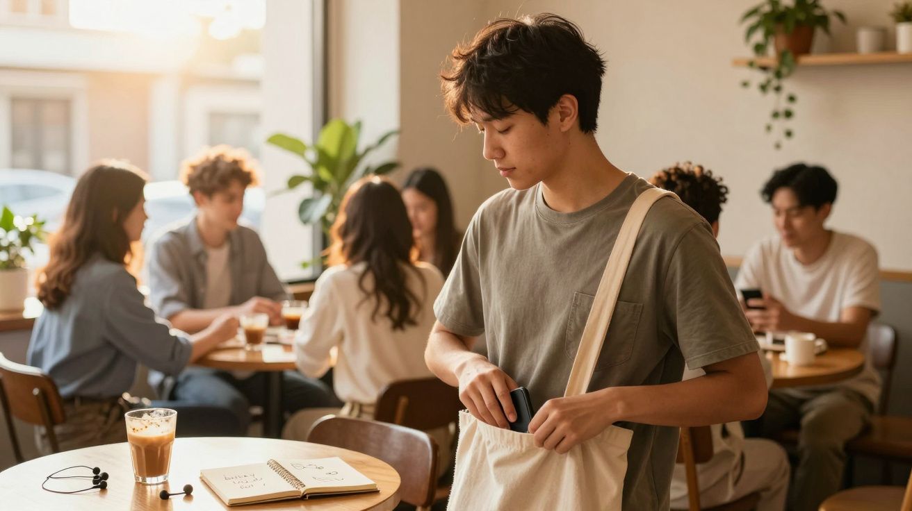 Jovem coloca telemóvel numa mala em café, com grupo de amigos a conversar ao fundo.