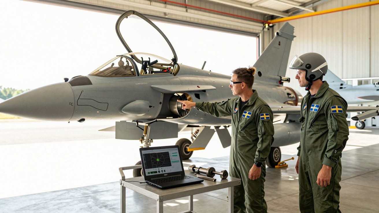 Dois pilotos suecos inspecionam e testam um jato militar num hangar com apoio de laptop.