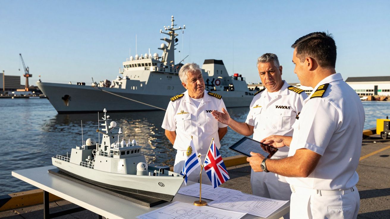 Três oficiais navais em uniforme discutem planos junto a modelo de navio e bandeiras à beira-mar.