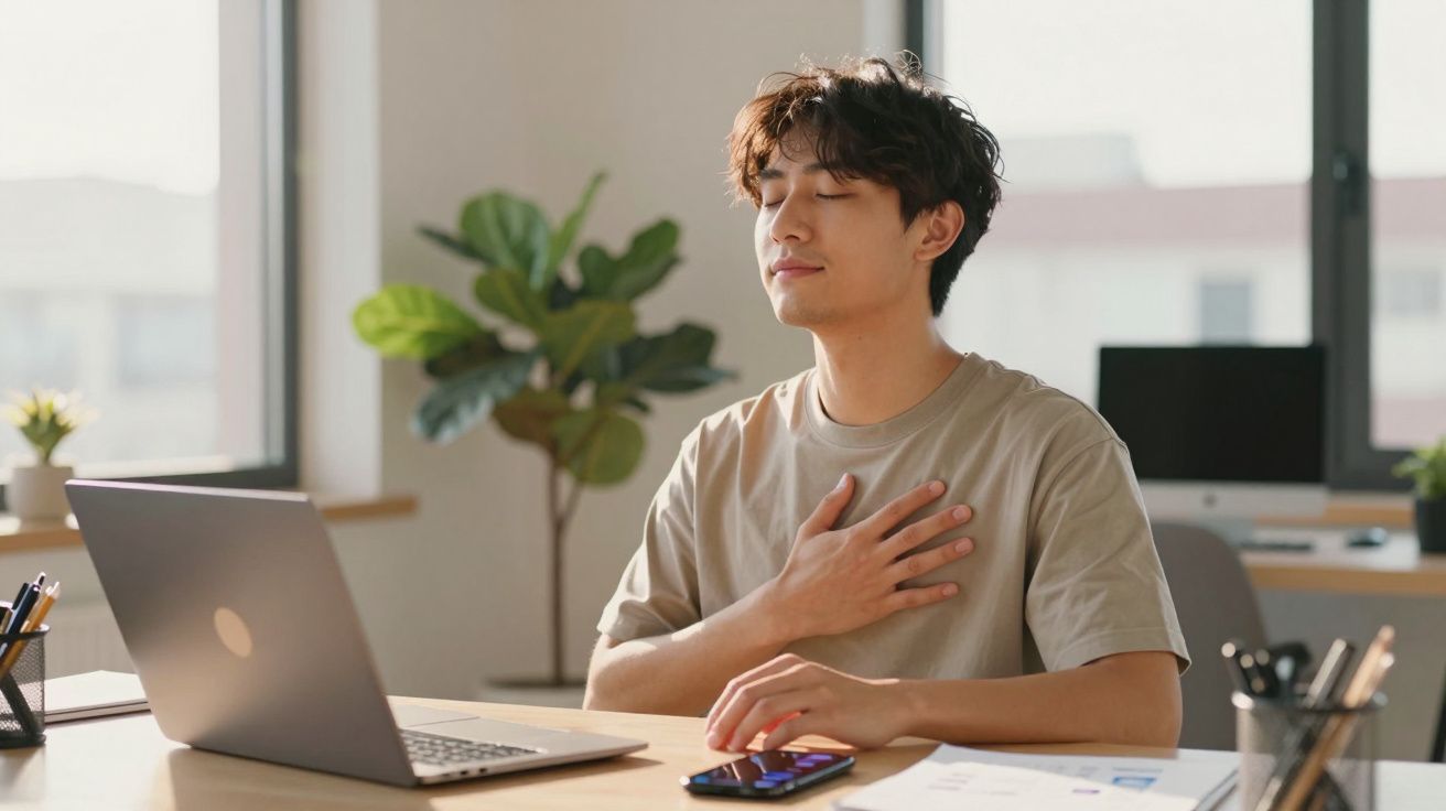 Homem sentado com os olhos fechados fazendo respiração profunda numa mesa com portátil e telemóvel.