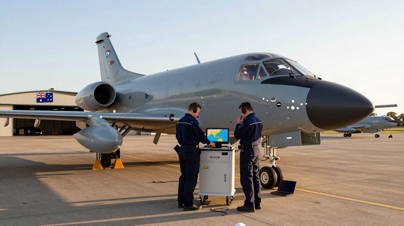Dois técnicos com fatos escuros e auscultadores trabalham com equipamento junto a um avião militar estacionado no aeroporto.