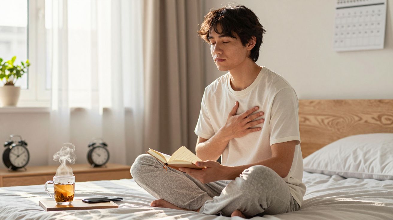 Jovem sentado na cama a praticar respiração profunda, segurando um livro, com chá quente ao lado.