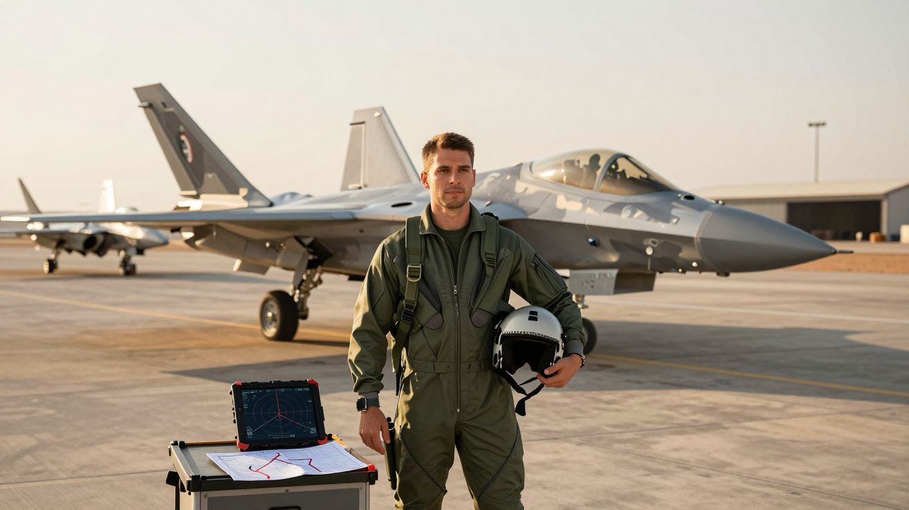 Piloto militar de pé na pista com fato de voo e capacete, com jato de combate estacionado atrás.