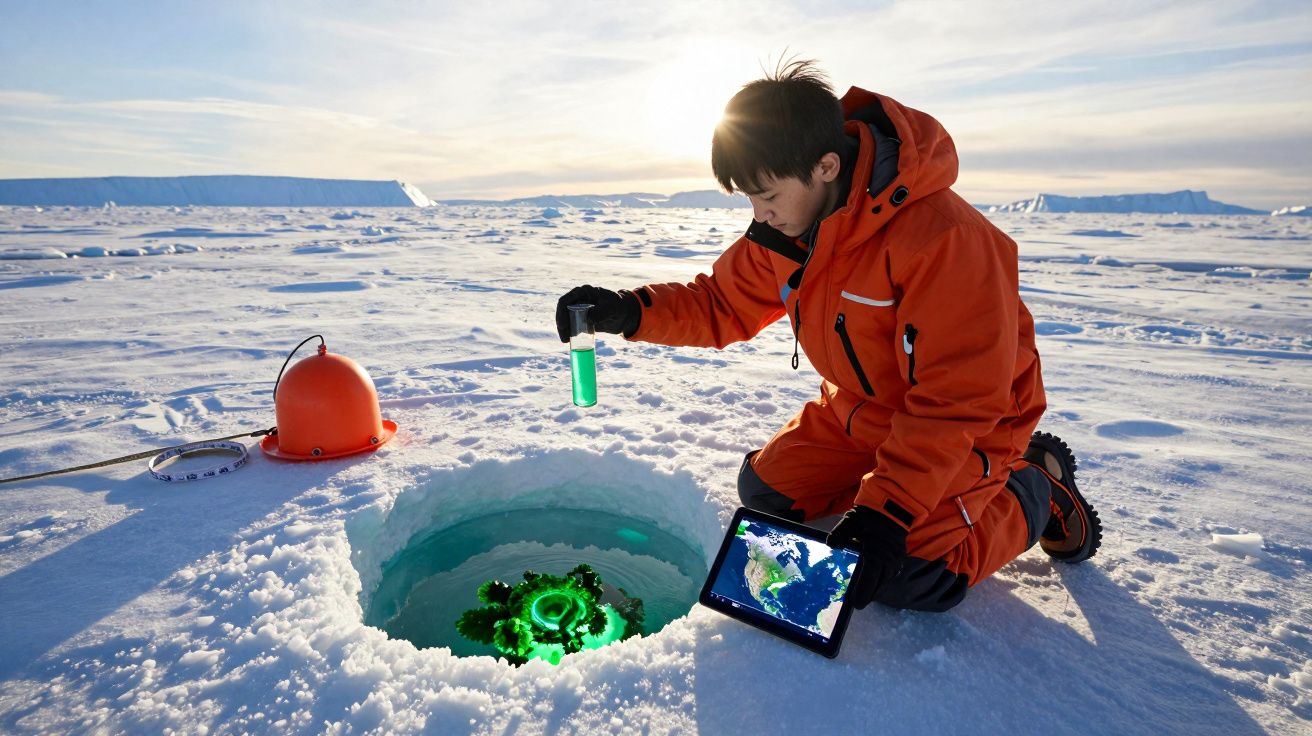 Cientista em roupa de frio recolhe amostra de água numa fenda de gelo ártico com tablet ao lado.